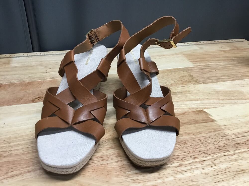 Cole Haan W23574 Sandals Women's US 7B Crystal Honey Leather Wedge Heel Strappy